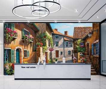 Tranh dán tường trang trí quán ngôi nhà cam