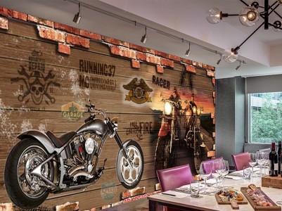 Tranh dán tường trang trí quán những chiếc xe môtô