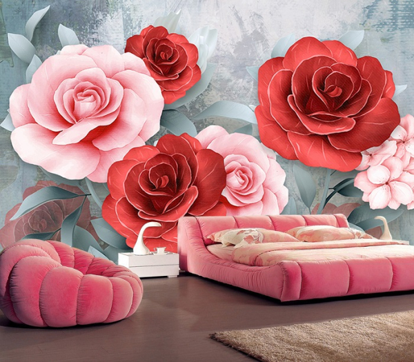Tranh hoa hồng đỏ dán tường phòng khách, trang trí quán đẹp