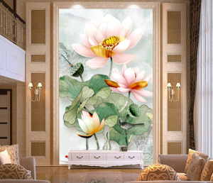 Tranh hoa sen 3 bông hồng và lá xanh khổ dọc dán tường phòng khách Tranh hoa sen 3 bông hồng và lá xanh khổ dọc dán tường phòng khách
