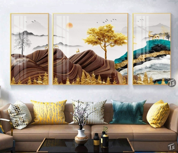 Tranh hươu treo tường bộ 3 tấm (1 tấm lớn 2 tấm nhỏ)