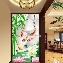 Tranh ngủ ngư sen hồng và trúc xanh