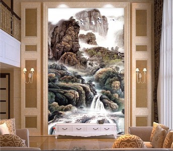 Tranh thủy mặc dòng thác và đàn chim đang bay Tranh thủy mặc dòng thác và đàn chim đang bay