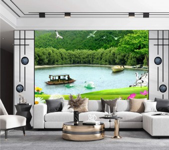 Tranh thủy mặc thiên nga và đàn chim trắng đang bay Tranh thủy mặc thiên nga và đàn chim trắng đang bay