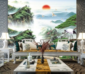 Tranh thủy mặc vạn lý trường thành và đàn chim tung cánh Tranh thủy mặc vạn lý trường thành và đàn chim tung cánh