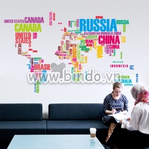 Decal dán tường Decal dán bản đồ thế giới (tên quốc gia 1), chi tiết rời, dán quán cafe, TPHCM