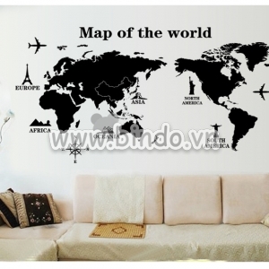 Decal dán tường Decal bản đồ thế giới dán tường quán café, sẵn keo