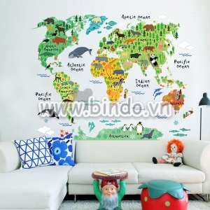 Decal dán tường Bản đồ vườn thú zy hình con vật, decal dán tường phòng bé màu xanh lá cây, độc đáo ở TPHCM