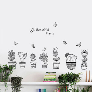 Decal dán tường Bảy chậu cây trắng đen