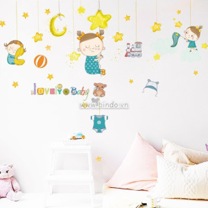 Decal dán tường Decal bé ngủ bên ngôi sao dán tường phòng bé lớp mầm non Decal dán tường Decal bé ngủ bên ngôi sao dán tường phòng bé lớp mầm non