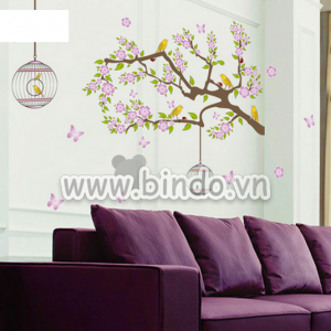 Decal dán tường Decal Hoa 5 cánh tím và đôi lồng đèn chim én dán tường đẹp