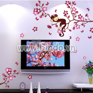 Decal dán tường Decal dán tường cành đào và khỉ con phong cách hàn quốc Decal dán tường Decal dán tường cành đào và khỉ con phong cách hàn quốc