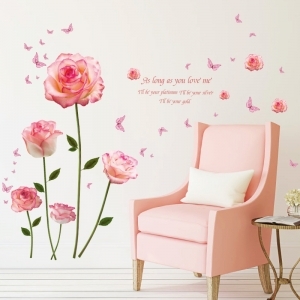 Decal dán tường Decal hoa hồng phấn, 1 cây hoa hồng to và 4 cây nhỏ
