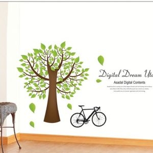 Decal dán tường Decal cây xanh và xe đạp dán tường kính quán café trà sữa