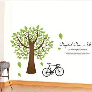 Decal dán tường Decal cây xanh và xe đạp dán tường kính quán café trà sữa Decal dán tường Decal cây xanh và xe đạp dán tường kính quán café trà sữa