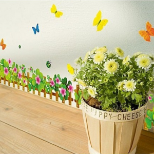 Decal dán tường Chân tường cỏ 3 lá hoa hồng