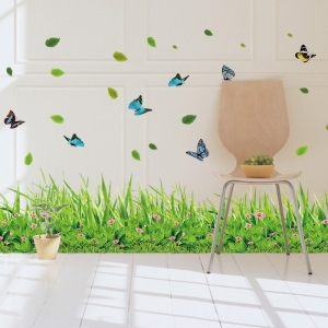 Decal dán tường Decal chân tường chân tường  hoa cỏ cùng bướm sắc màu, có sẵn keo, dán chân tường phòng khách, độc đáo TPHCM