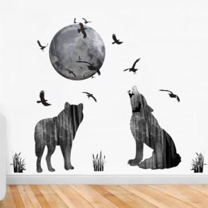 Decal dán tường Decal chó sói và địa cầu trang trí tường kính đẹp