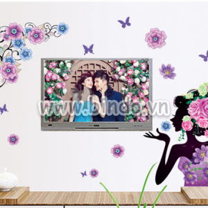 Decal dán tường Decal cô gái và hoa hồng tím dán tường quán phòng khách