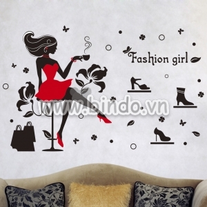 Decal dán tường Decal cô gái uống cà phê dán trang trí quán cafe đẹp