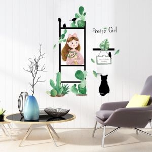 Decal dán tường Cô gái và xương rồng