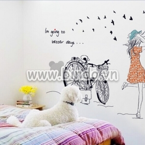 Decal dán tường Decal dán cô gái xe đạp, dán nhìn 2 mặt, trang trí phòng ngủ, tại TPHCM