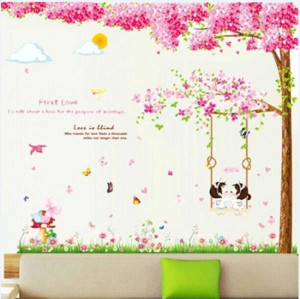 Decal dán tường Combo Cây đào hồng size 2 tấm và Xích đu hồng