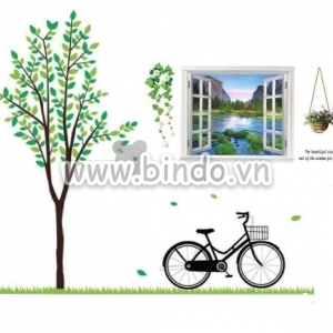 Decal dán tường Combo Cây xanh xe đạp to và Cửa sổ 3
