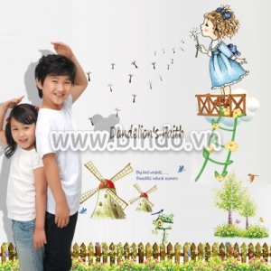 Decal dán tường Combo Cối xây gió và cô bé tinh nghịch