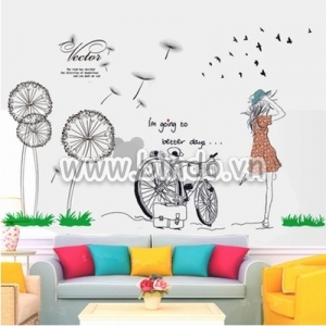 Decal dán tường Combo Decal Hoa bồ công anh và cô gái xe đạp