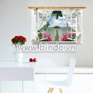 Decal dán tường Cửa sổ biển và hoa