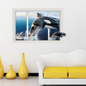 Decal dán tường Cửa sổ cá voi 3D