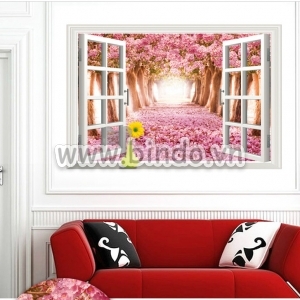 Decal dán tường Cửa sổ con đường hoa hồng Decal dán tường Cửa sổ con đường hoa hồng