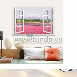 Decal dán tường Decal dán cửa sổ cánh đồng hoa hồng và đỉnh núi, có sẵn keo, dán phòng khách, TPHCM khổ nhỏ 60 x 90 (cm)
