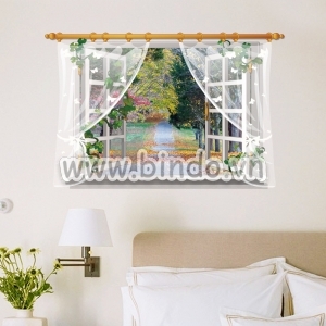 Decal dán tường Cửa sổ 3D con đường mùa thu decal dán tường, 0,6 x 0,9 (m) (dài x rộng ), trang trí phòng khách