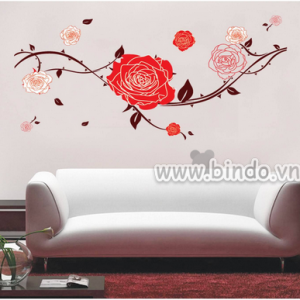 Decal dán tường Decal dán tường dây leo hoa hồng đỏ, phong cách hàn quốc, dán tường sau tivi, đẹp tại TPHCM
