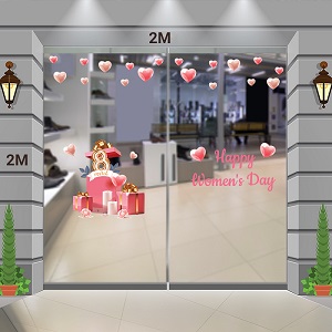 Wandtattoo Decal 8/3 Dekorieren Sie die Glastür des Ladens, schönes Büro mit der Form einer Geschenkbox und dem Wort Happy Woman Day in Pink