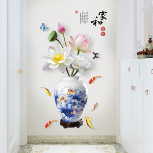 Decal dán tường Decal bình hoa sen trắng xanh khổ dọc