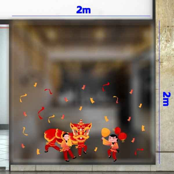 Decal dán tường Decal cậu bé cầm quạt múa lân đỏ đón tết