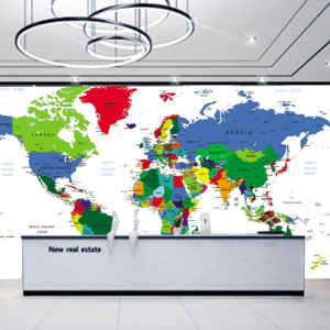 Decal dán tường Tranh bản đồ thế giới dán tường có tên nước và đảo dán công ty