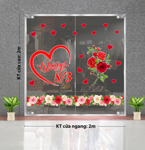 Decal dán tường Decal chữ 8 tháng 3 (8/3) cành hoa hồng đỏ thắm