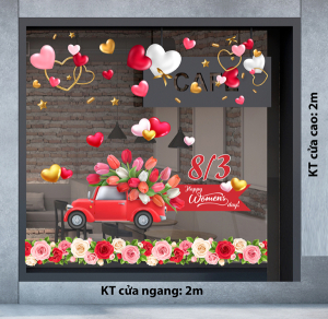 Decal dán tường Decal chữ 8 tháng 3 (8/3) chiếc xe chở hoa tulip