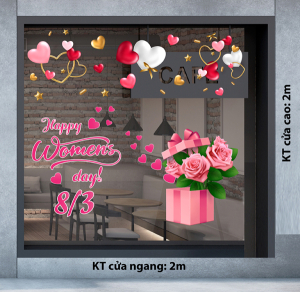 Decal dán tường Decal chữ 8 tháng 3 (8/3) hộp quà bông hồng và trái tim hồng Decal dán tường Decal chữ 8 tháng 3 (8/3) hộp quà bông hồng và trái tim hồng