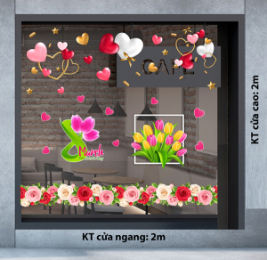 Decal dán tường Decal chữ 8 tháng 3 (8/3) trái tim và hoa tulip