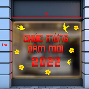 Decal dán tường Decal chữ chúc mừng năm mới 2022 màu đỏ, mai vàng chim én