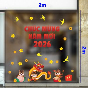 Decal dán tường Decal chữ chúc mừng năm mới 2026 3 bé ngựa múa rồng dán cửa kính