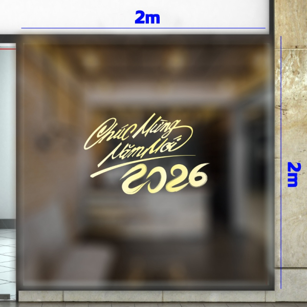 Decal dán tường Decal chữ chúc mừng năm mới 2026 cách điệu uốn lượn màu vàng