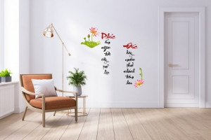 Decal dán tường Decal chữ Tâm Phúc ấm ngàn đời cây trổ lộc Đức dày muôn thở nhánh đơm hoa