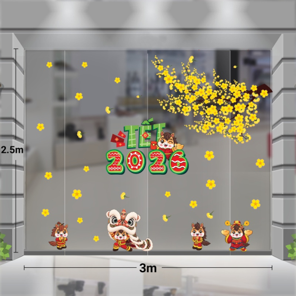 Decal dán tường Decal chữ tết 2026 màu xanh lá bên cành mai vàng đón xuân bính ngọ