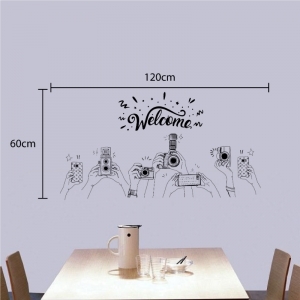 Decal dán tường Decal dán tường decal chữ welcome và máy ảnh, dán nhìn 2 mặt, trang trí quán cafe, mới nhất TPHCM